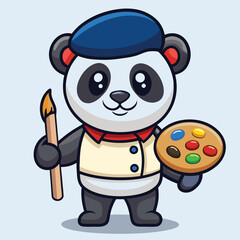Fototapeta premium Charming cartoon panda artist with a red beret holding a paintbrush and palette ready to create colorful masterpieces