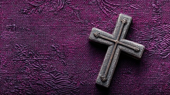 Stone cross resting on dark purple textured background offering concepts of Christianity and faith - Powered by Adobe
