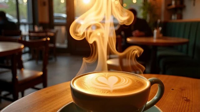 Steaming latte art coffee cup on wooden table in cozy cafe with warm sunlight and blurred background patrons enjoying morning