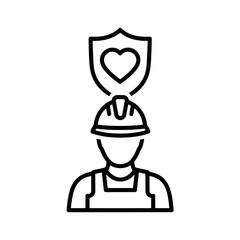 Obraz premium Worker safety and health protection icon with a shield and heart symbol above a hard hat, isolated on white background