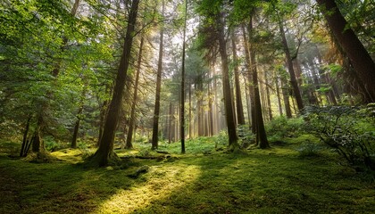 Naklejka premium the forest is characterized by its lush greenery tall trees vibrant foliage and peaceful atmosphere
