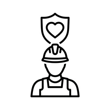 Worker safety and health protection icon with a shield and heart symbol above a hard hat, isolated on white background