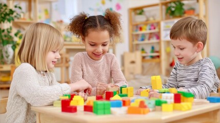 Fototapeta premium Three kids playing with colorful building blocks at a classroom table, smiling and focused, representing early education, creativity, and social learning.