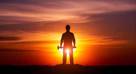 Fototapeta premium Silhouette of worker with sunset background, honoring labor force