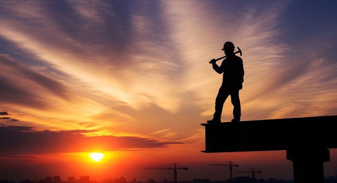 "Silhouette of worker with sunset background, honoring labor force"