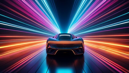 futuristic car in a dark tunnel with a colorful lighting lines
