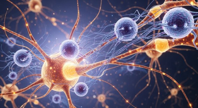 Conceptual illustration of activated microglial cells interacting with neurons in the human brain symbolizing innovative approaches to slowing the progression of neurodegenerative