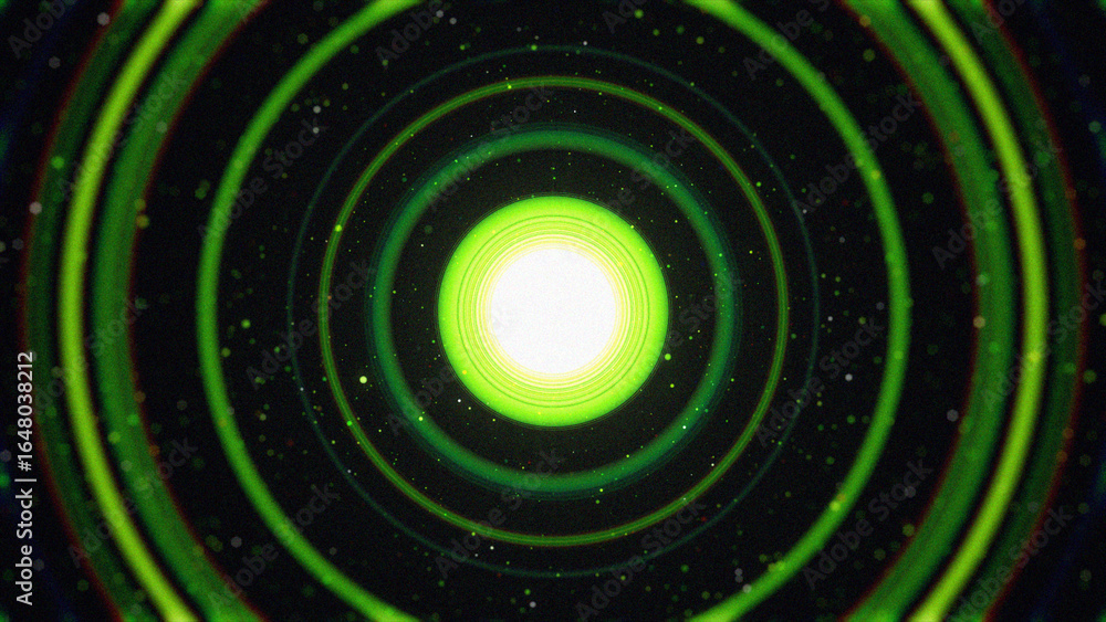 Poster glowing circles and stars in tunnel with grain effect. motion beautiful animation with green circles