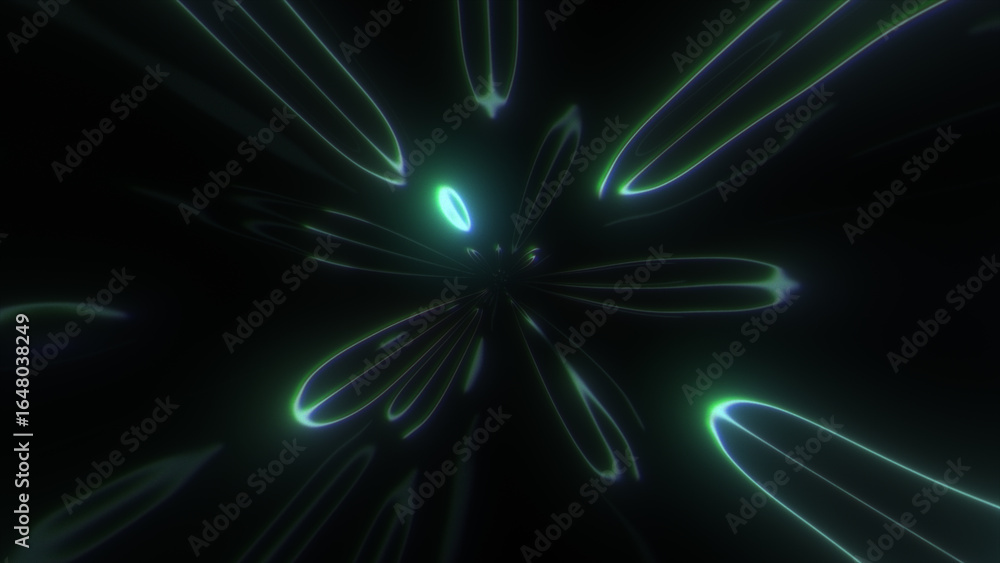 Poster a striking image of a futuristic tunnel illuminated by bright, shimmering green lines composed of cu