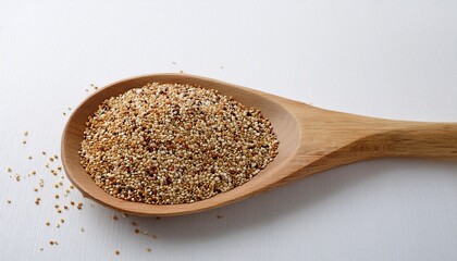 wooden spoon filled with quinoa seeds on a white surface
