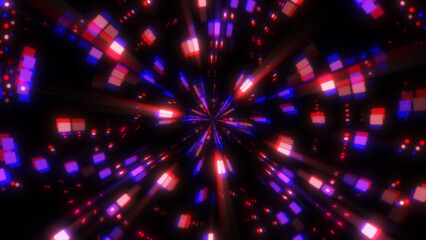 Naklejka premium Vibrant blue red gradient background. Endless spinning futuristic cubes, lines and rays. Abstract colorful retro glowing hypnosis