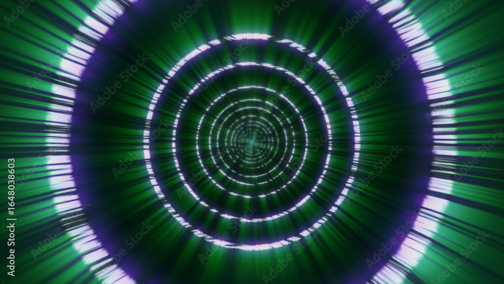 Poster glowing white circles in tunnel. motion beautiful animation with green rays in space tunnel. glowing