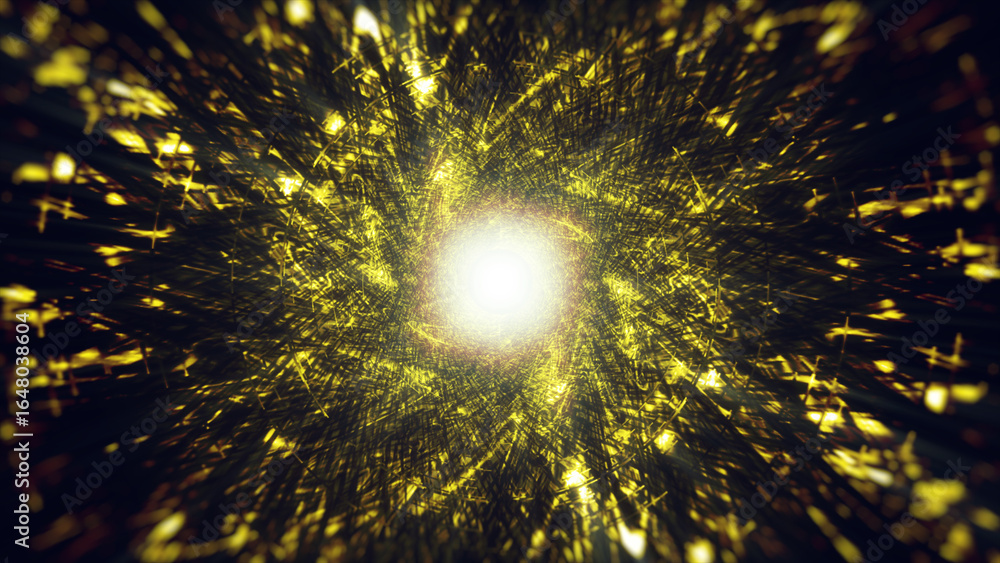Poster 3d video of abstract art of background with surreal spiral pattern in gold tunnel with shining and g