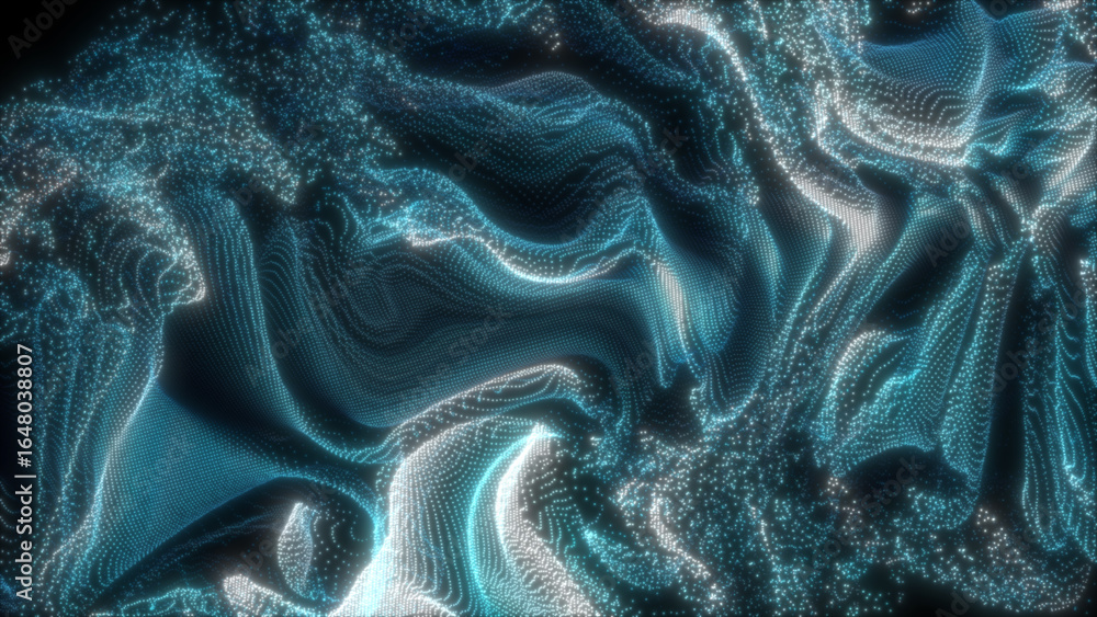 Poster animation of abstract waves made of glowing blue and white particles with floating effect on a dark 