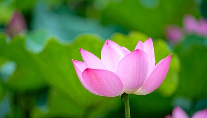 Soft pink lotus blossom in a blurred green background