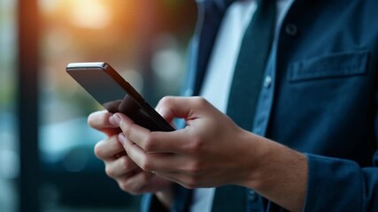 Close-up of a businessman using a smartphone outside during a sunny day. The image captures an urban setting, reflecting technology and professional lifestyle. - Powered by Adobe