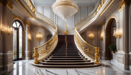 Obraz premium opulent marble staircase with gold railings and chandelier in elegant interior