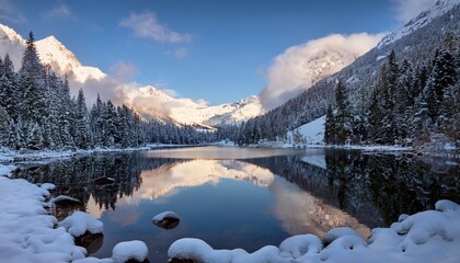 serene snow covered landscape with reflection in tranquil mountain lake