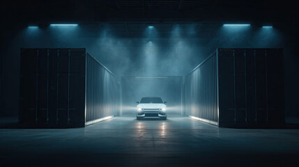 New Modern Electric Car Illumined by Futuristic Blue Neon Lights in Industrial Setting of Cargo Shipping Containers