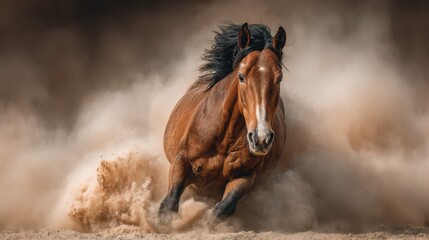 Strong chestnut horse gallops through sandy terrain, kicking up dust in dynamic display of speed and power at sunset