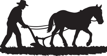 Silhouette of a farmer plowing a field with a horse and plow vector