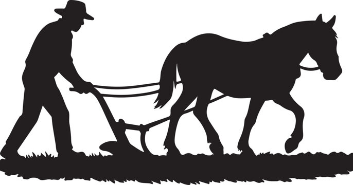 Silhouette of a farmer plowing a field with a horse and plow vector