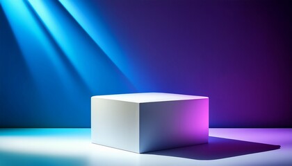 minimalist white pedestal bathed in diagonal purple and blue gradient light beams