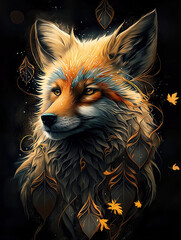 Majestic Fox Head Surrounded by Artistic Leaves in a Mystical Setting background vector illustration with color vibrant details