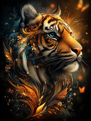 Tiger with Intense Gaze poster vector illustration of portrait an animal with color vibrant details in the background