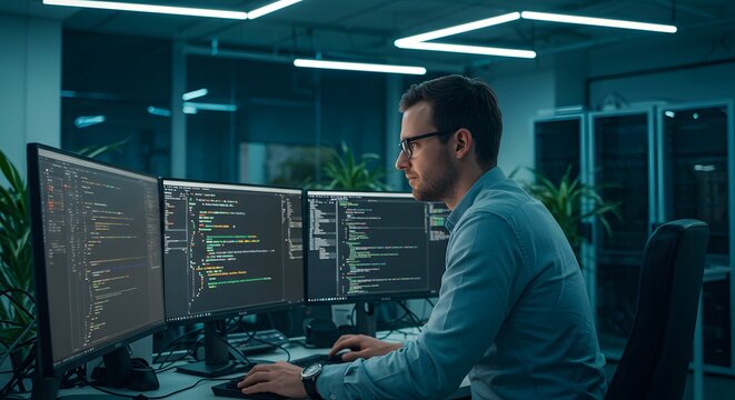 Focused male IT specialist programming on multiple computer screens in a modern data center office