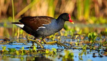 A water bird strolls through shallow wetlands