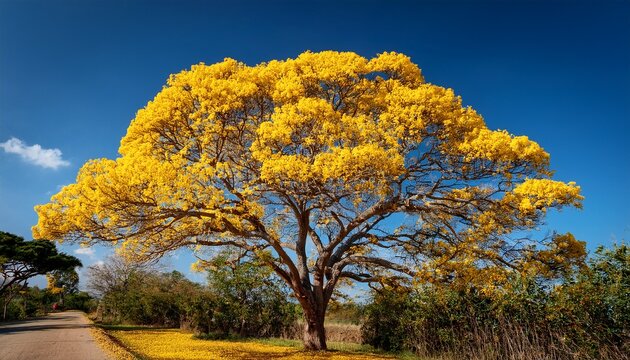 capture a captivating shot of a yellow ipe tree in full bloom where radiant yellow blossoms stand out against vivid green leaves and a clear blue sky