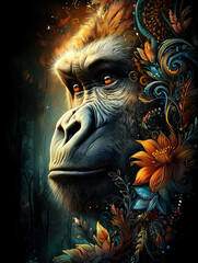 Vibrant Fantasy Gorilla Head With Glowing Ornamental Background