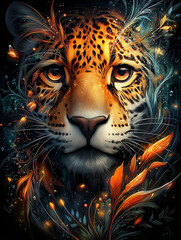 Jaguar with Intense Gaze poster vector illustration of portrait an animal with color vibrant details in the background