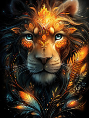 Lion head portrait poster vector illustration wildlife animal with color vibrant details in the background