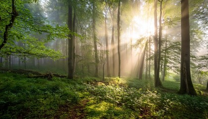 foggy forest sunlight filters through trees in a green dense natural scene