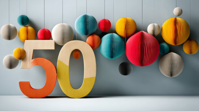 Cardboard numeral fifty decorated with vibrant honeycomb paper orbs suspended on strings, creating celebratory decor for milestone event marking half-century milestone