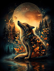 Majestic Wolf Head in Moonlit Forest Under Starry Night Sky and Mountain Forest background vector illustration with color vibrant details