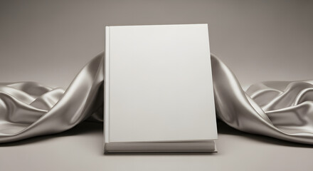 A blank, white book stands upright, draped with flowing, shiny silver fabric on a neutral background.