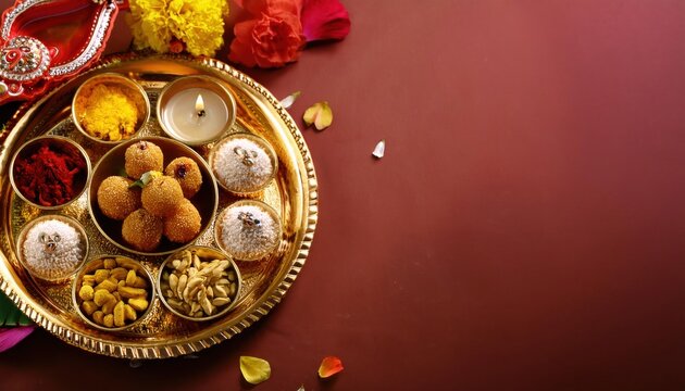 Pooja Thali with Marigold, Fruits, and Traditional Essentials for Navratri, Dussehra, and Karva Chauth
