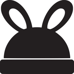A black silhouette of a winter hat with bunny ears on top isolated on a white background graphic