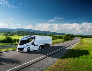 white futuristic electric semi truck driving on an open highway with beautiful country background