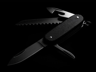 Stainless Steel Multitool Pocket Knife with accessories isolated on black background