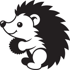 A black and white cartoon illustration of a hedgehog holding a small spiky ball in its paws