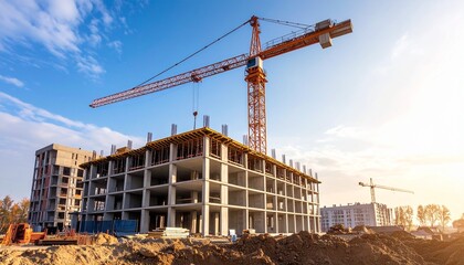 A large tower crane lifts materials at a new apartment building construction site under a clear sky