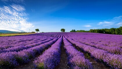 Obraz premium stunning lavender fields in full bloom with lush purple flowers under a clear blue sky capturing the tranquility and beauty of nature in summer