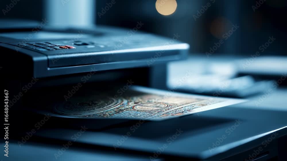 Poster artistic medium shot capturing a retro fax machine sending intricate art prints over sleek blurred i