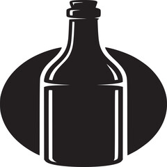 Illustration of a black bottle with a cork stopper against a black circle on white background