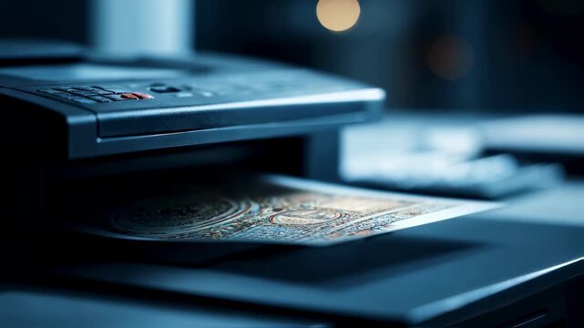 Artistic medium shot capturing a retro fax machine sending intricate art prints over sleek blurred IP gateway hardware highlighting the fusion of traditional and digital