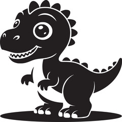 A black and white cartoon illustration of a smiling dinosaur with big eyes standing on a surface